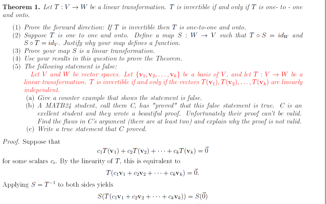 Solved Theorem 1 Let T V W Be A Linear Transformation Chegg Com