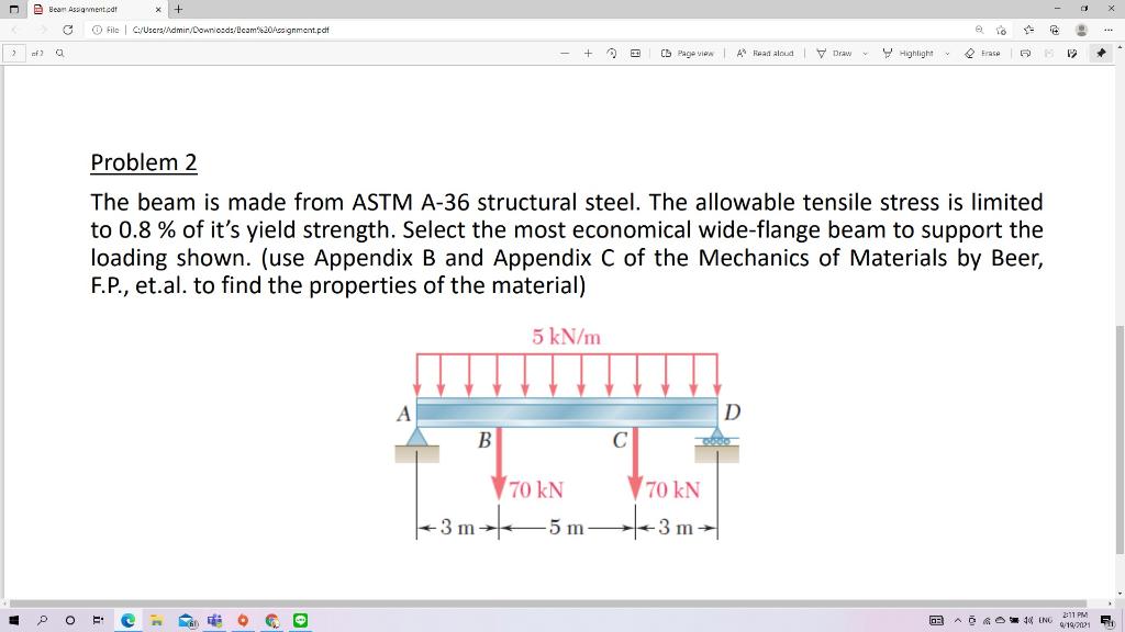 Solved The beam is made from ASTM A-36 structural steel. The | Chegg.com