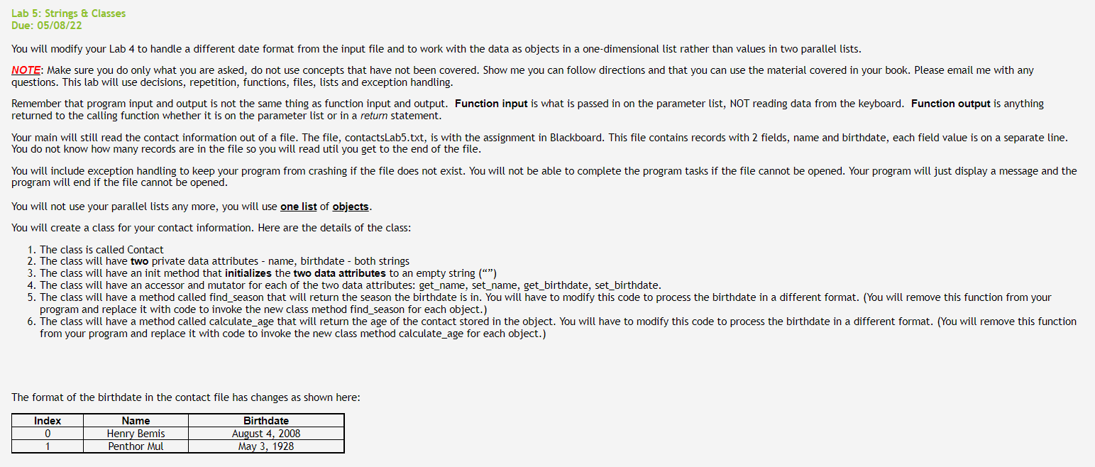 Solved Lab 5: Strings & Classes 05/08/22 Due: You will | Chegg.com
