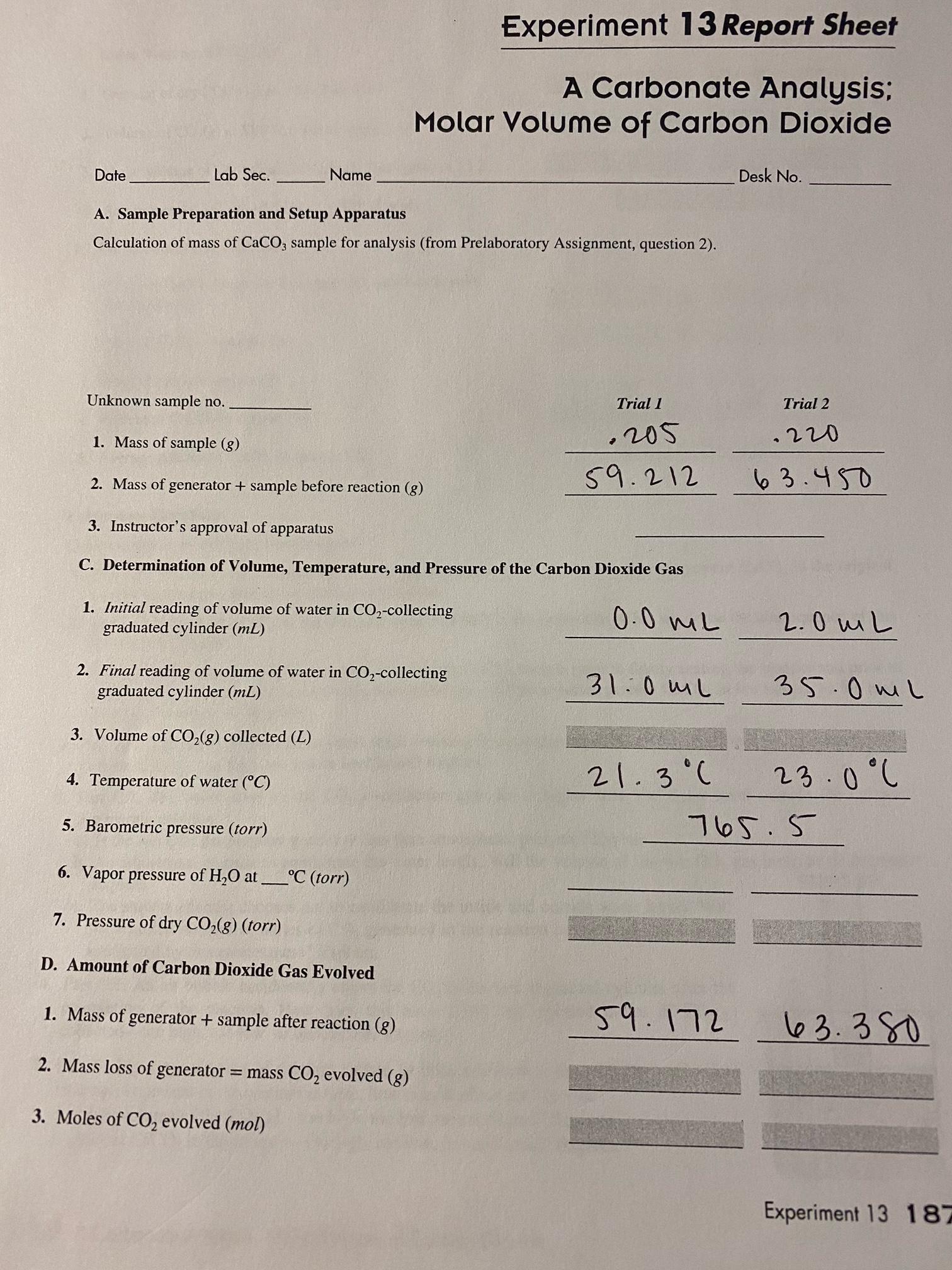 experiment 13 a carbonate analysis report sheet