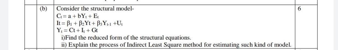 Solved (b) 6 Consider The Structural Model- Ct= A + BY + E | Chegg.com