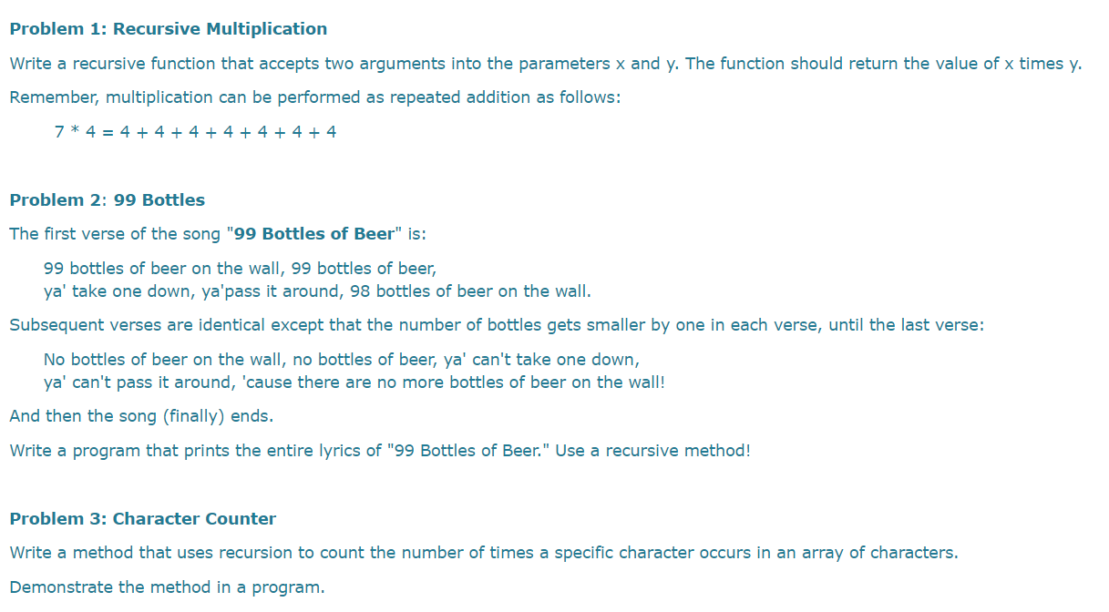 Solved Problem 1: Recursive Multiplication Write a recursive | Chegg.com