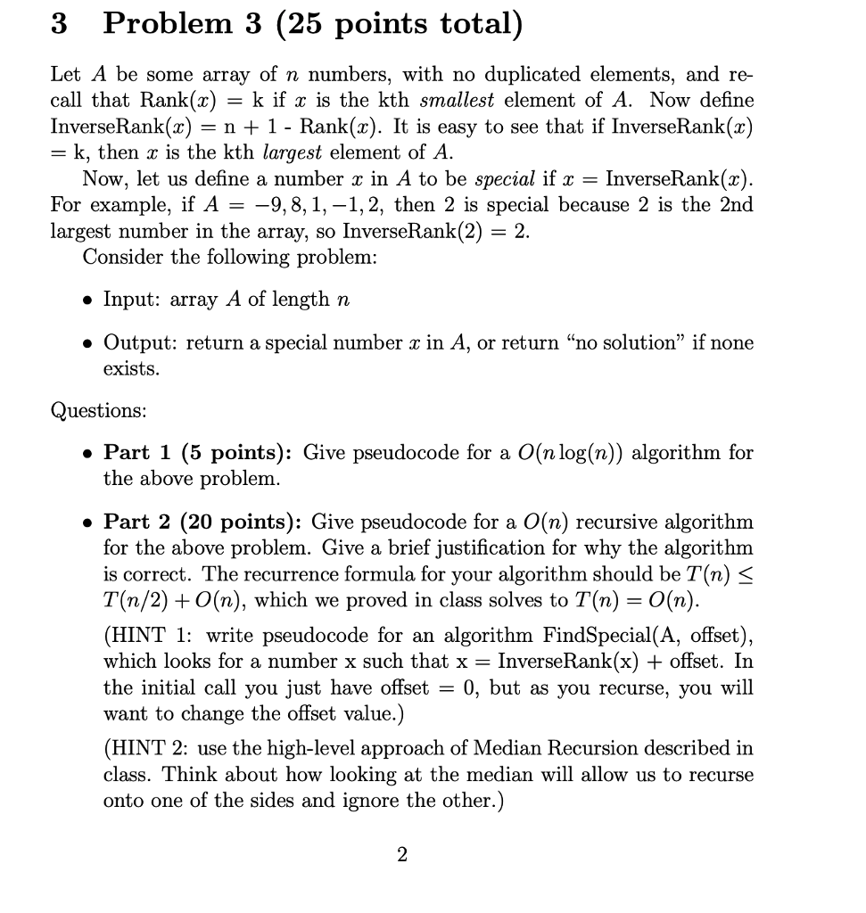 Solved 3 Problem 3 (25 points total) Let A be some array of | Chegg.com