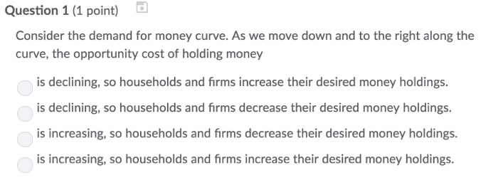 Solved Question 1 (1 point) Consider the demand for money | Chegg.com