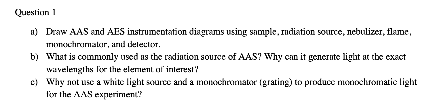 a) Draw AAS and AES instrumentation diagrams using sample, radiation source, nebulizer, flame, monochromator, and detector.
b