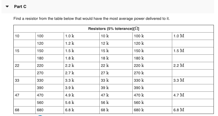 Part find a resistor from the table below that would have the most average power delivered to it. 10 100 1.0m 120 1.0k 1.2 k