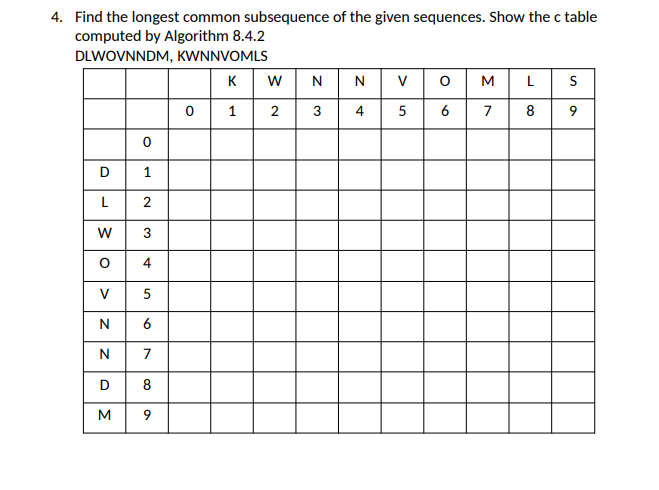 Solved 4. Find the longest common subsequence of the given | Chegg.com