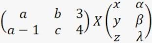 \( \left(\begin{array}{ccc}a & b & 3 \\ a-1 & c & 4\end{array}\right) X\left(\begin{array}{ll}x & \alpha \\ y & \beta \\ z &