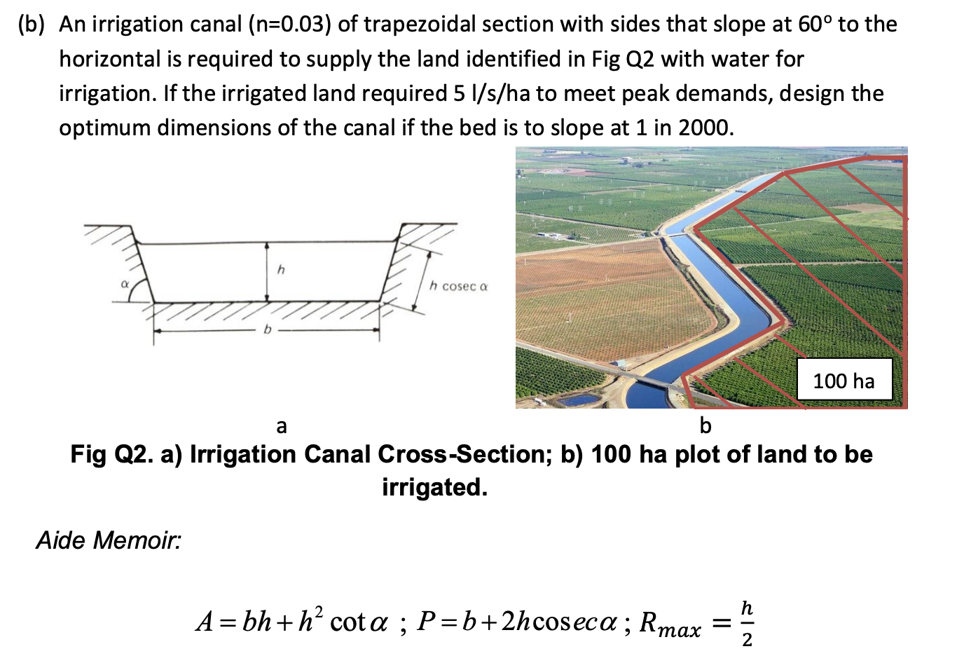 Solved b) An irrigation canal (n=0.03) of trapezoidal