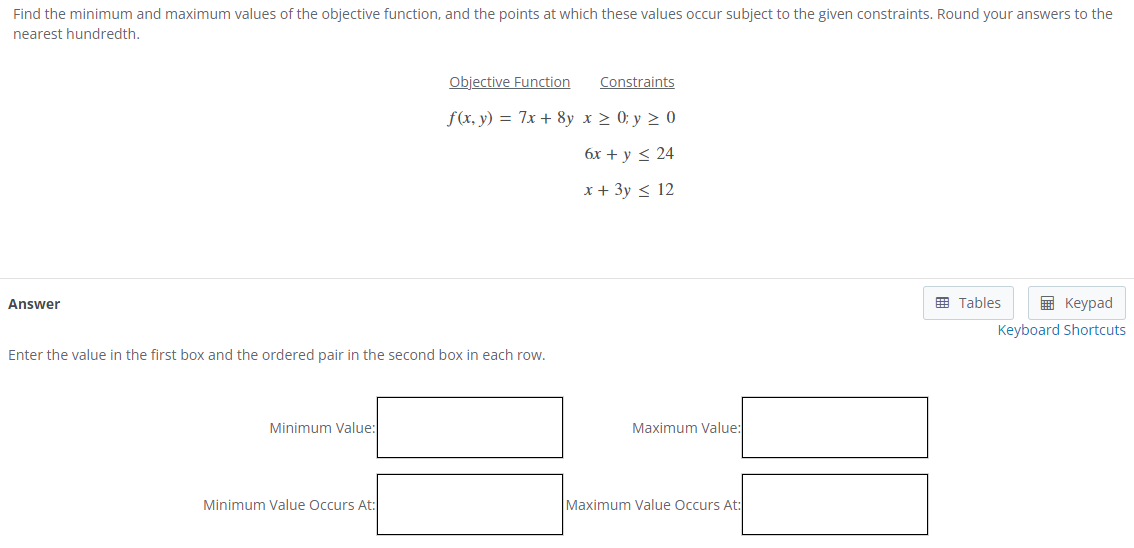 Find the minimum and maximum values of the objective function, and the points at which these values occur subject to the give