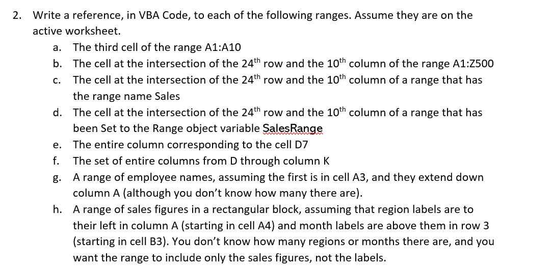 do o 2. Write a reference, in VBA Code, to each of | Chegg.com