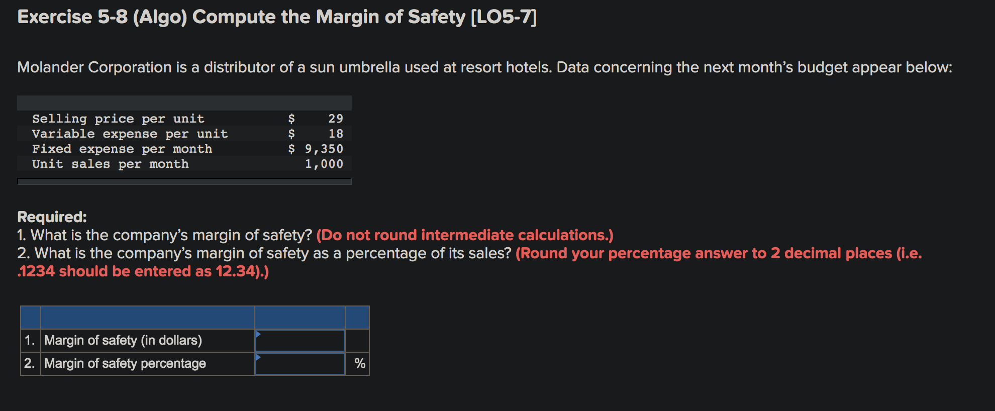 Solved Exercise 5-8 (Algo) Compute the Margin of Safety | Chegg.com