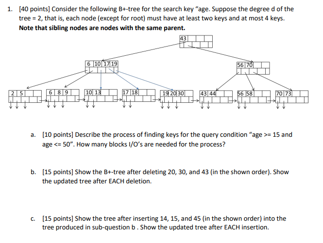 1. [40 points] Consider the following B+-tree for the | Chegg.com