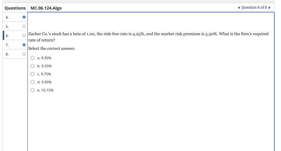 Solved Zacher Co.'s stock has a beta of 1.0o, the risk-free | Chegg.com