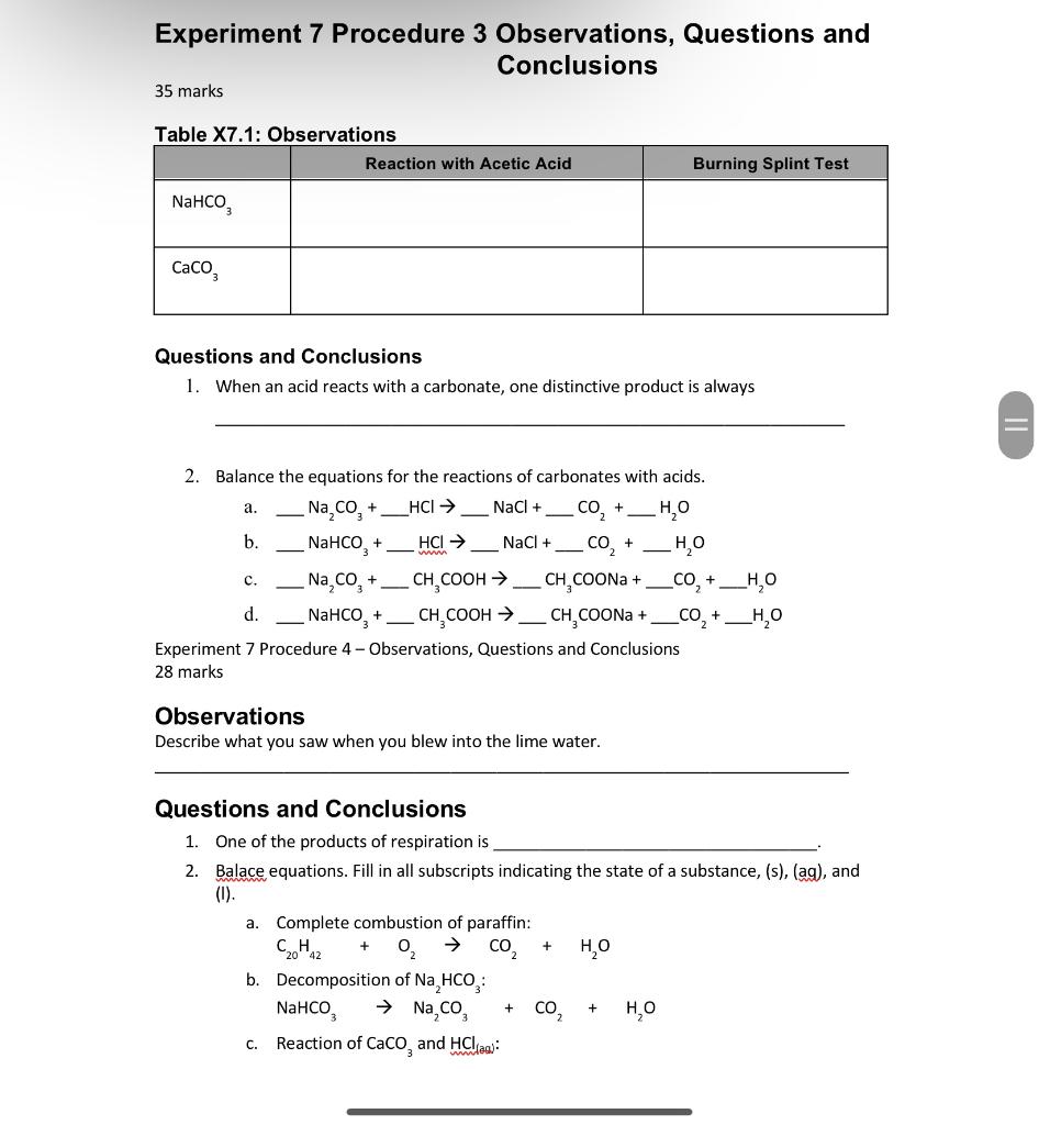 Solved Experiment 7 Procedure 3 Observations, Questions and | Chegg.com