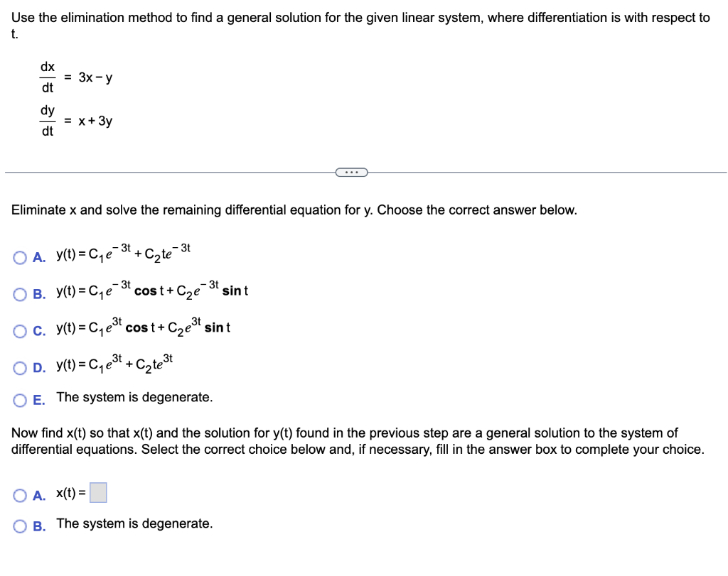 Solved Use the elimination method to find a general solution | Chegg.com