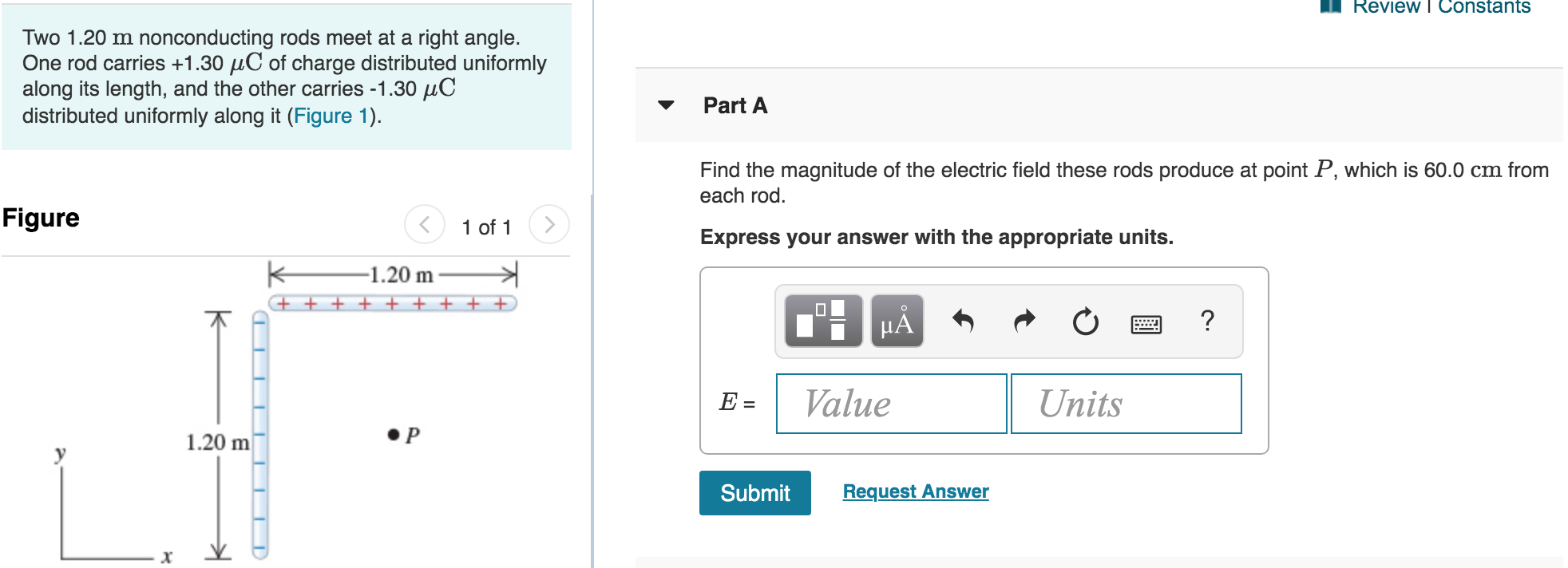 Solved Review I Constants Two 1.20 m nonconducting rods meet | Chegg.com