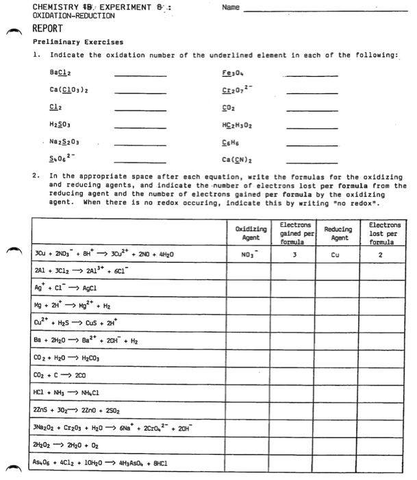 Solved CHEMISTRY 18. EXPERIMENT 8 OXIDATION-REDUCTION Name | Chegg.com