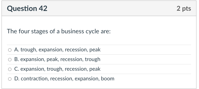 Solved Question 42 2 pts The four stages of a business cycle | Chegg.com