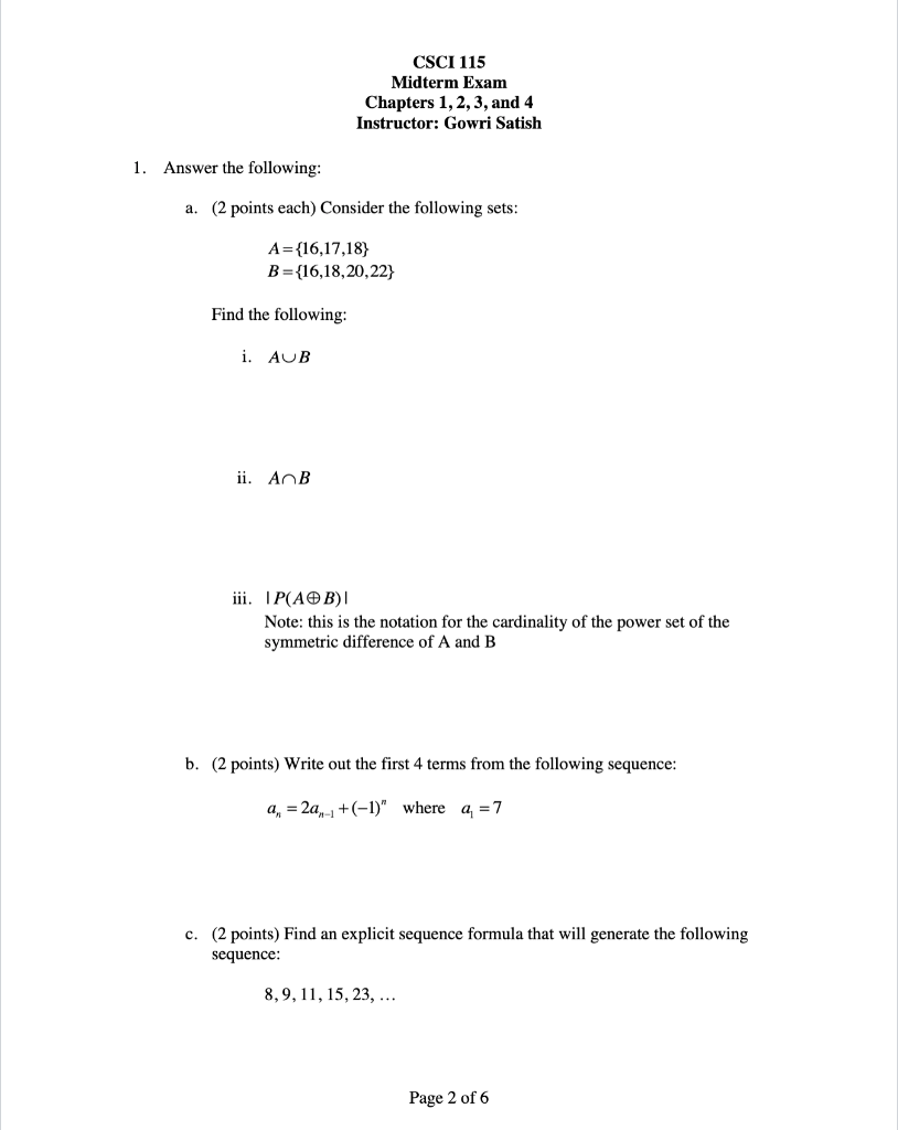 Solved 1. Answer The Following: A. (2 Points Each) Consider | Chegg.com