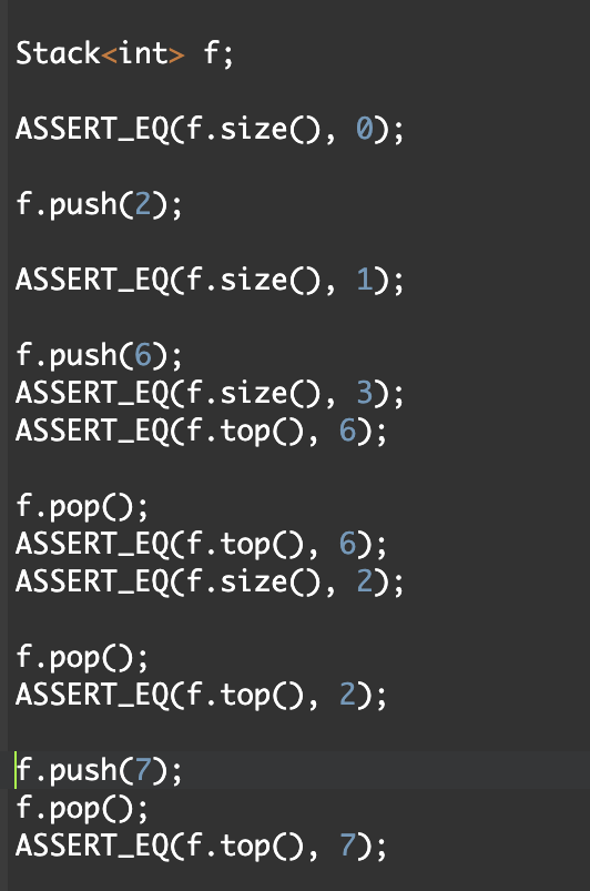 Solved Stack int> f; ASSERT_EQ(f.size(), 0); f.push(2); | Chegg.com