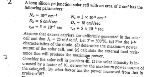 Solved A long silicon pn junction solar cell with an area of | Chegg.com