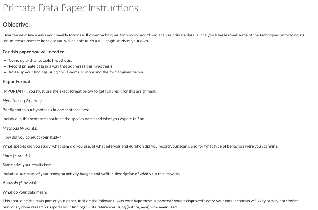 Primate Data Paper Instructions Objective: Over the | Chegg.com