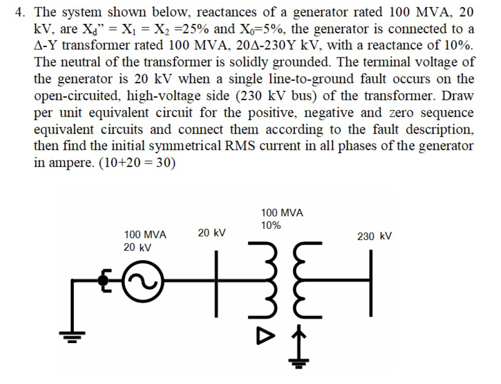 4. The system shown below, reactances of a generator rated \( 100 \mathrm{MVA}, 20 \) \( \mathrm{kV} \), are \( \mathrm{X}_{d