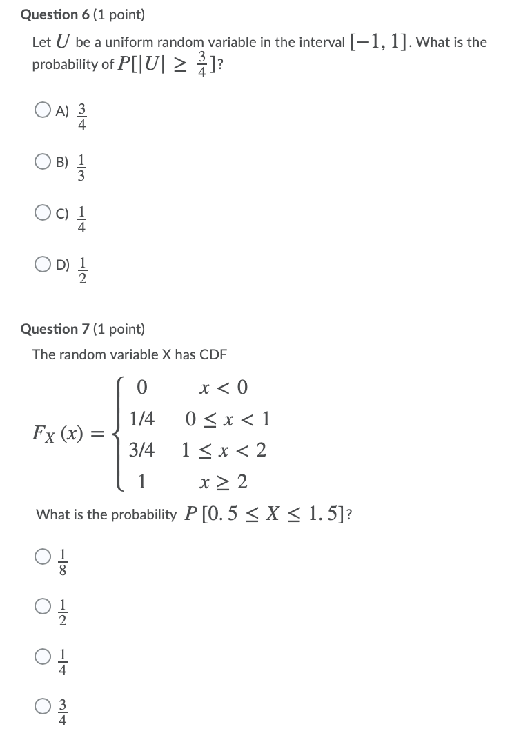 Solved Question 6 (1 point) Let U be a uniform random | Chegg.com