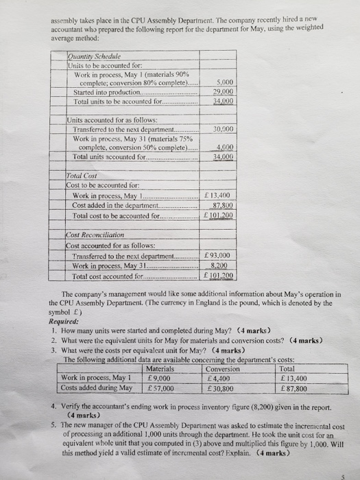 Solved assembly takes place in the CPU Assembly Department. | Chegg.com