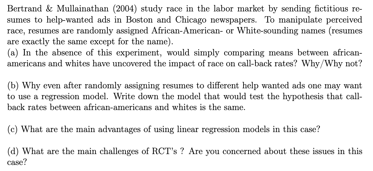 Solved Bertrand & Mullainathan (2004) study race in the