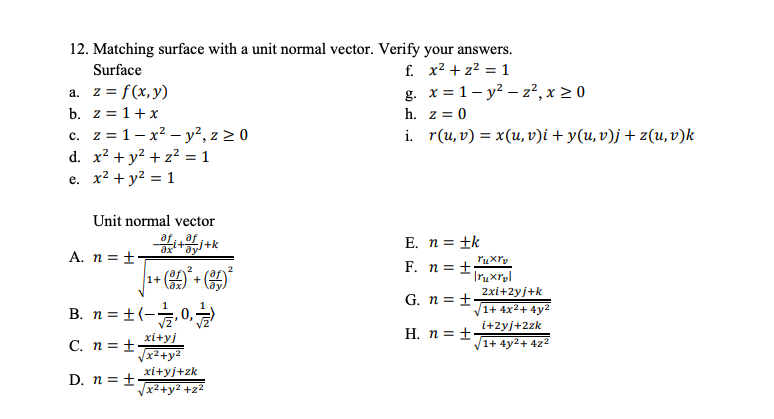 Solved 12 Matching Surface With A Unit Normal Vector Ve Chegg Com