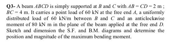 Solved Q3- A beam ABCD is simply supported at B and C with | Chegg.com