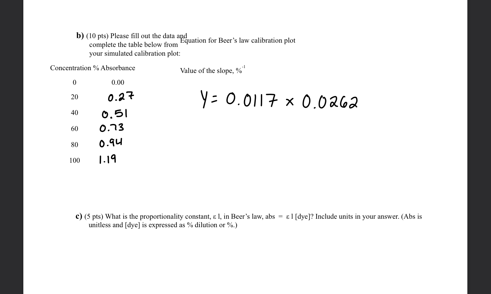 Solved What is the proportionality constant, ε l, in Beer’s