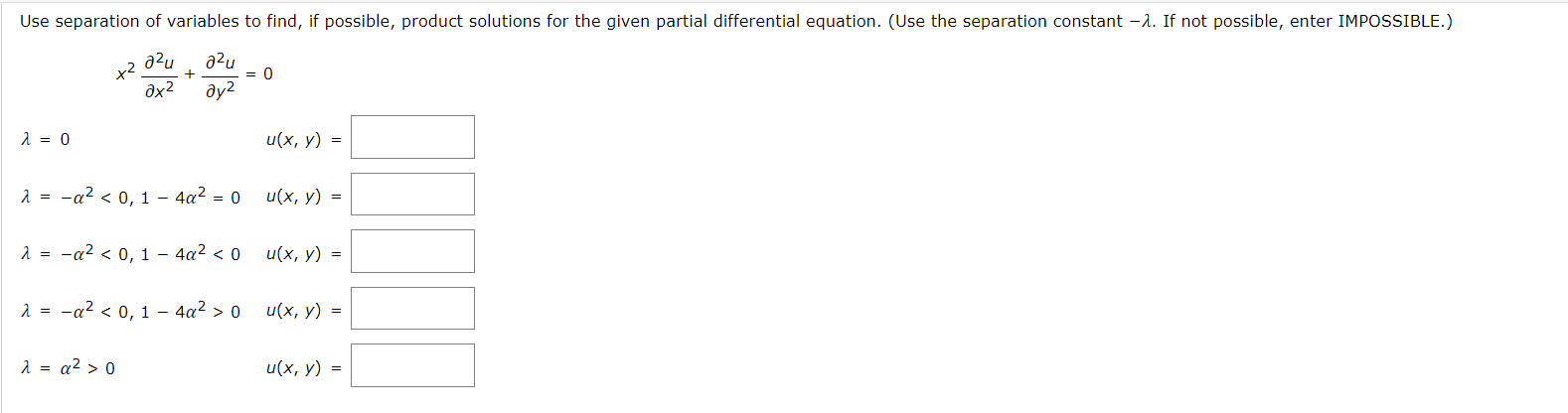 Use separation of variables to find, if possible, product solutions for the given partial differential equation. (Use the sep