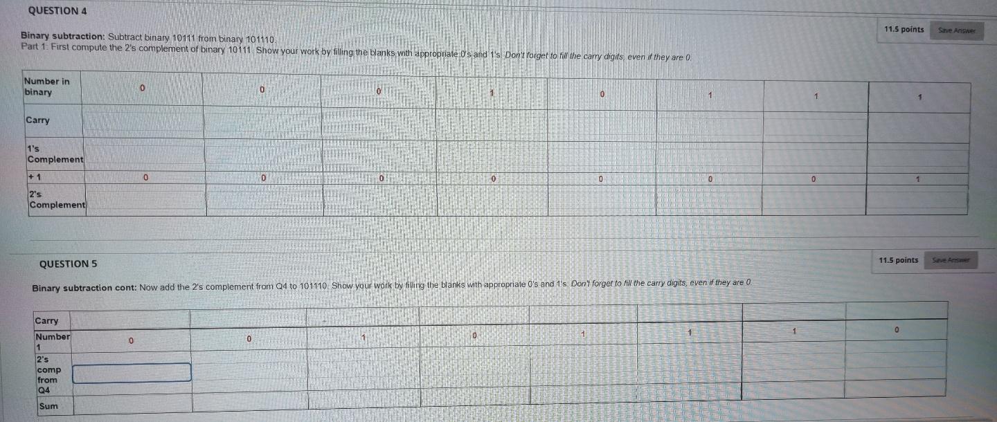 Solved QUESTION 4 11.5 points Save Answe Binary subtraction: | Chegg.com