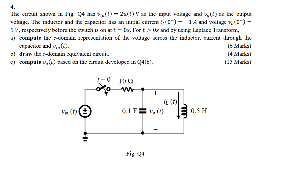 Solved 4. The circuit shown in Fig. Q4 has Vin(t) = 2u(t) V | Chegg.com