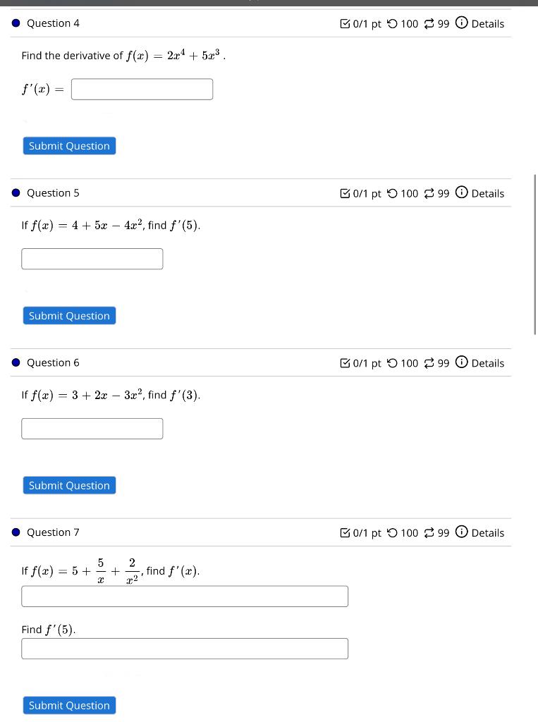 Solved Question 4 30/1 pt 100 99 Details Find the derivative | Chegg.com