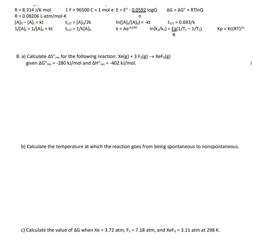 Solved R 8 314 J K Mol 1 F 96500 C 1 Mol E E E Chegg Com