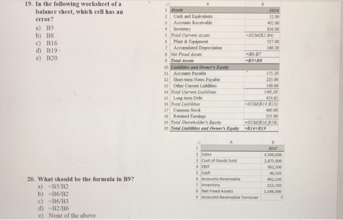 Solved 19. In The Following Worksheet Of A Balance Sheet, | Chegg.com