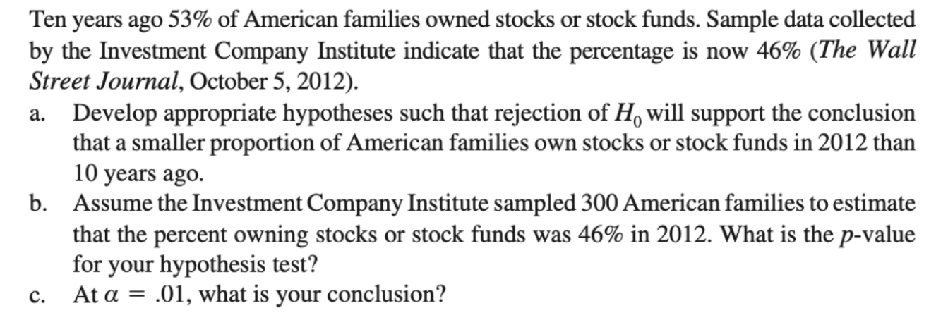 Solved Ten years ago 53% of American families owned stocks | Chegg.com