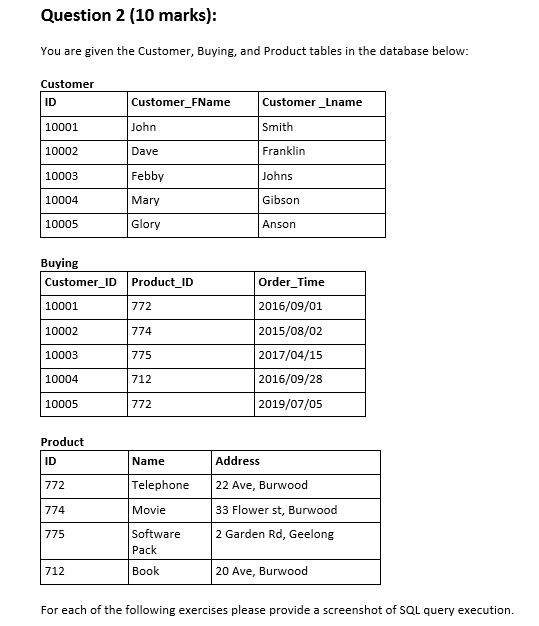 Solved Question 2 (10 marks): You are given the Customer, | Chegg.com