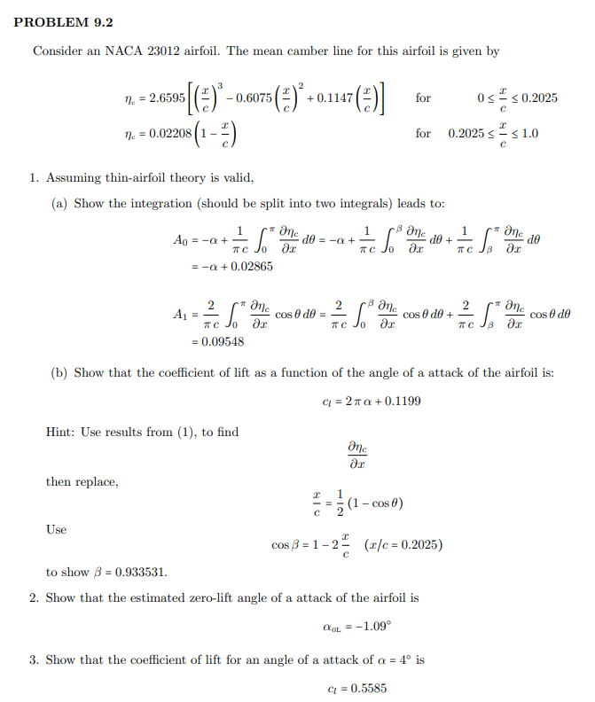 Solved PROBLEM 9.2 Consider an NACA 23012 airfoil. The mean | Chegg.com