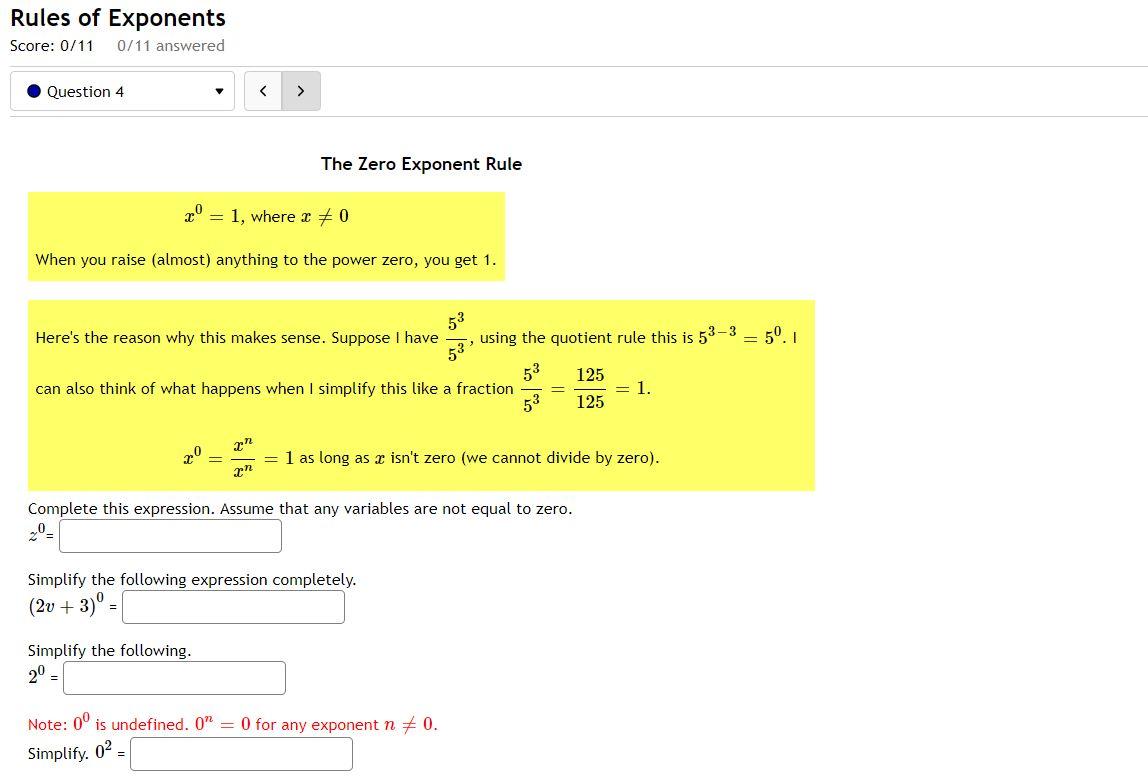 Solved Rules of Exponents Score: 0/11 0/11 answered Question | Chegg.com