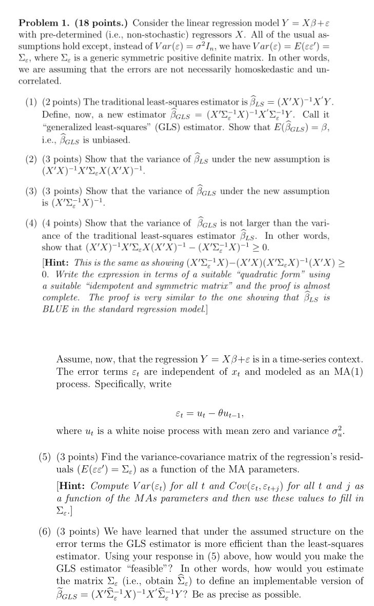 Problem 1 18 Points Consider The Linear Regres Chegg Com