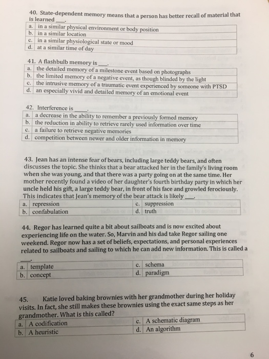 Solved 40. State-dependent memory means that a person has | Chegg.com