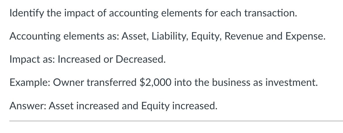 Solved Identify the impact of accounting elements for each | Chegg.com