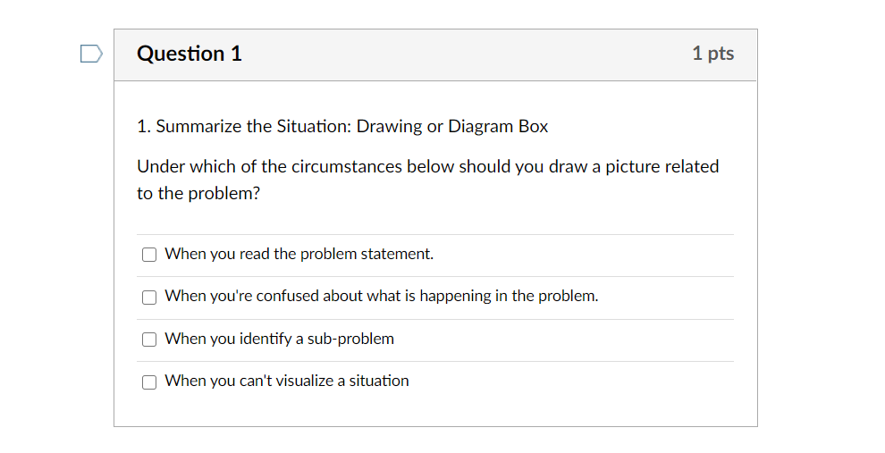 Solved Question 1 1 pts 1. Summarize the Situation: Drawing | Chegg.com