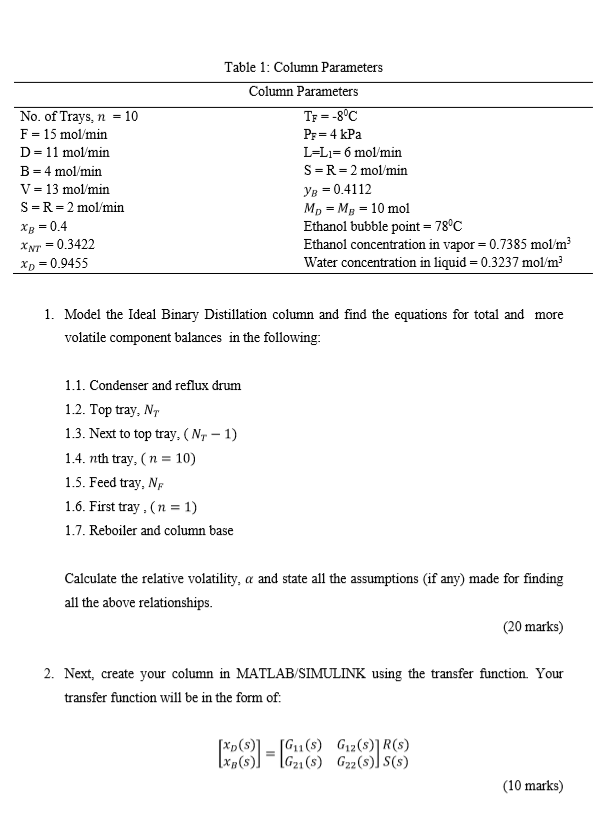 No Of Trays N 10 F 15 Mol Min D 11 Mol Min B Chegg Com