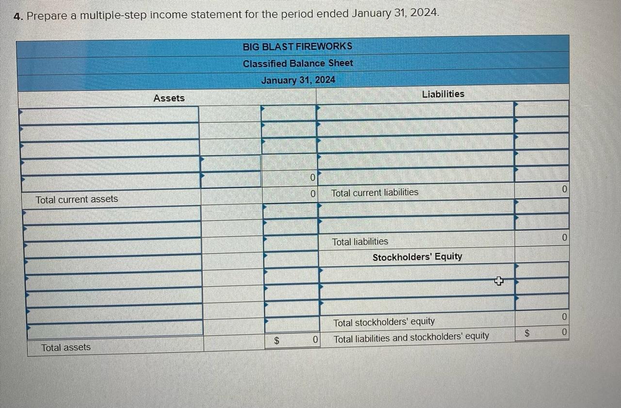 4. Prepare a multiple-step income statement for the period ended January 31, 2024.